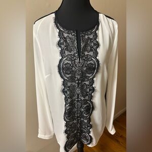 Elegant White Blouse with Black Lace Detail
